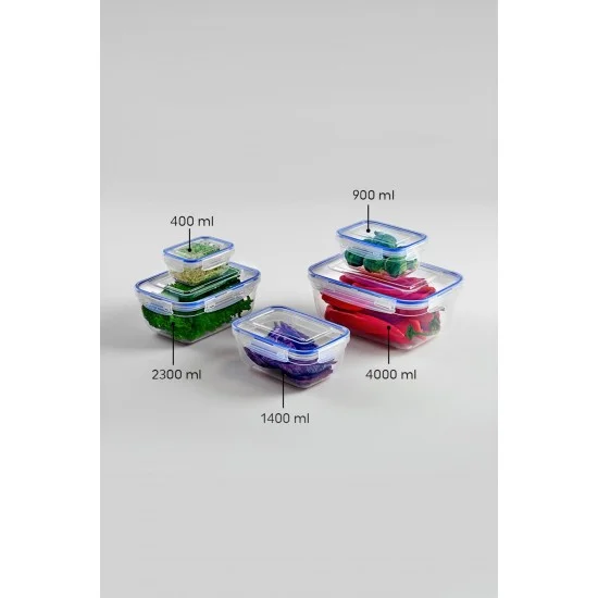 Dikdörtgen 5 Parça Contalı Vakumlu Sızdırmaz Hava Almaz Saklama Kabı Seti (4000/2300/1400/900/400 Ml)