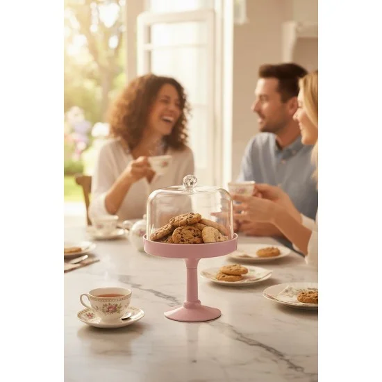 Soft Pembe Akrilik Ayaklı Kurabiyelik & Kapaklı Sunum Standı - 2 Parça