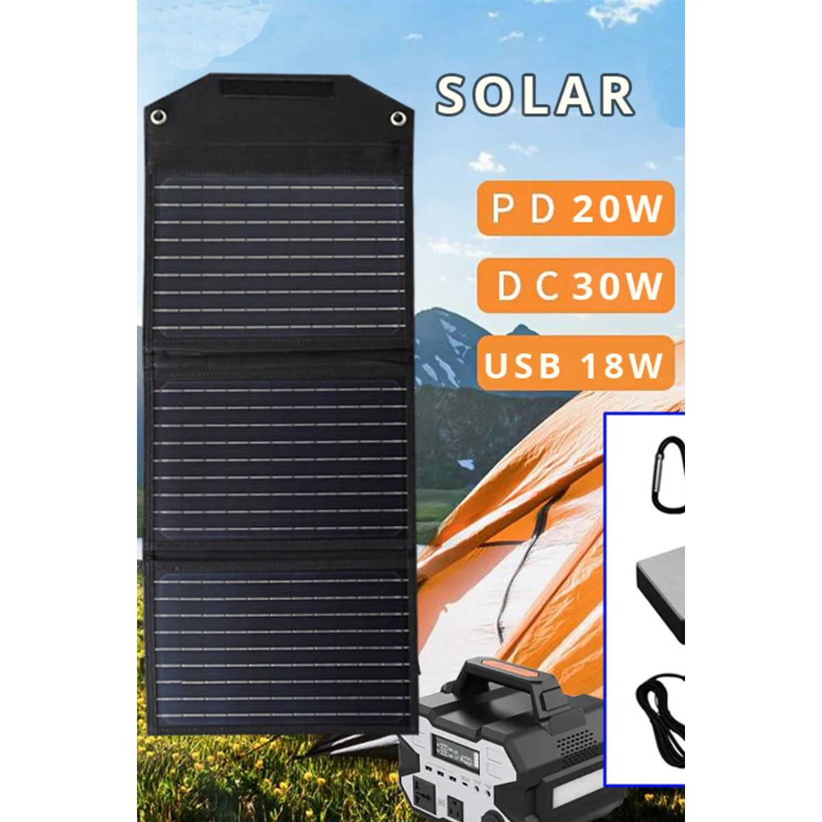 SH-03 30W Hızlı Şarj Taşınabilir Güneş Enerji Paneli Şarj İstasyonu - Siyah