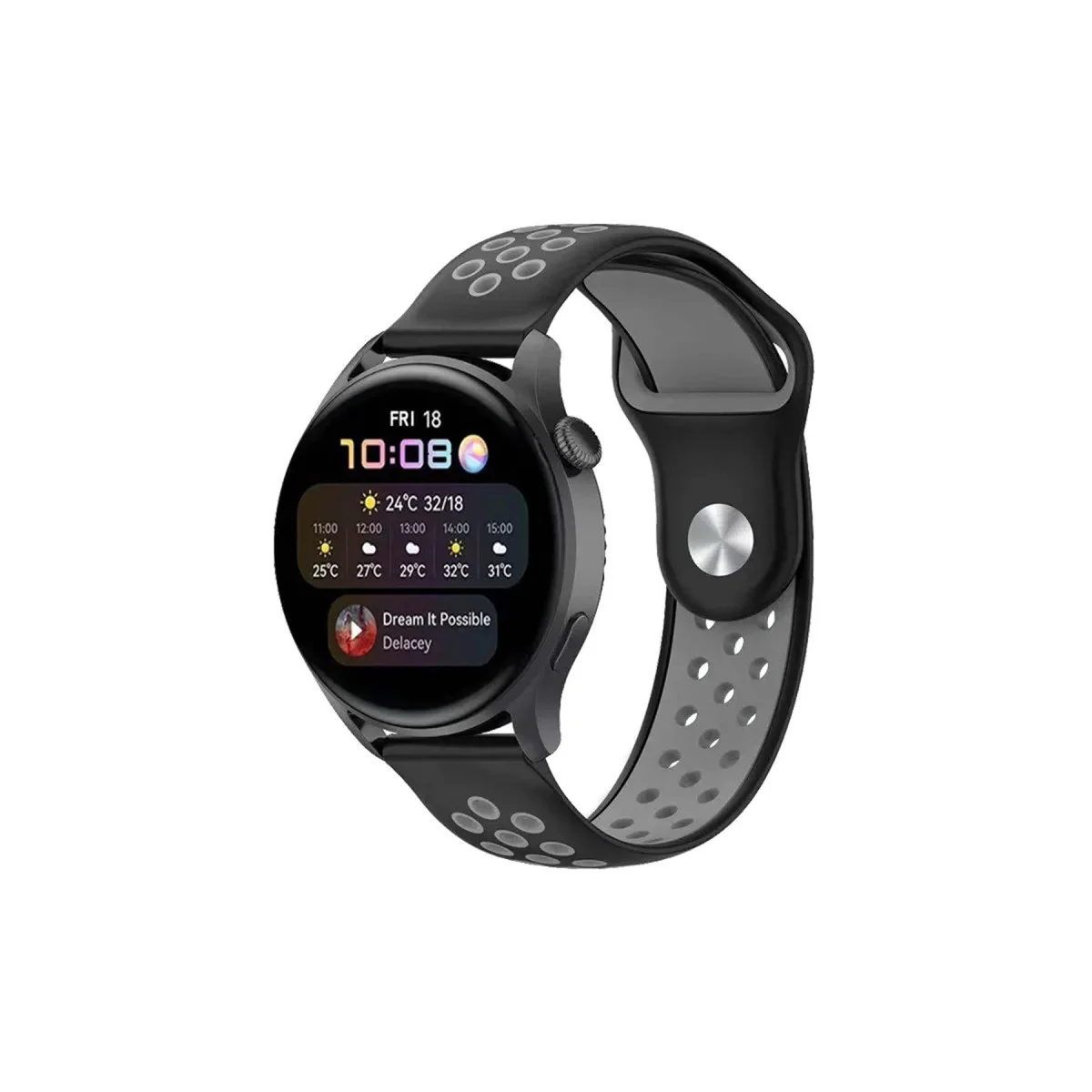 Watch 22mm Spor Delikli Kordon - Siyah-Gri