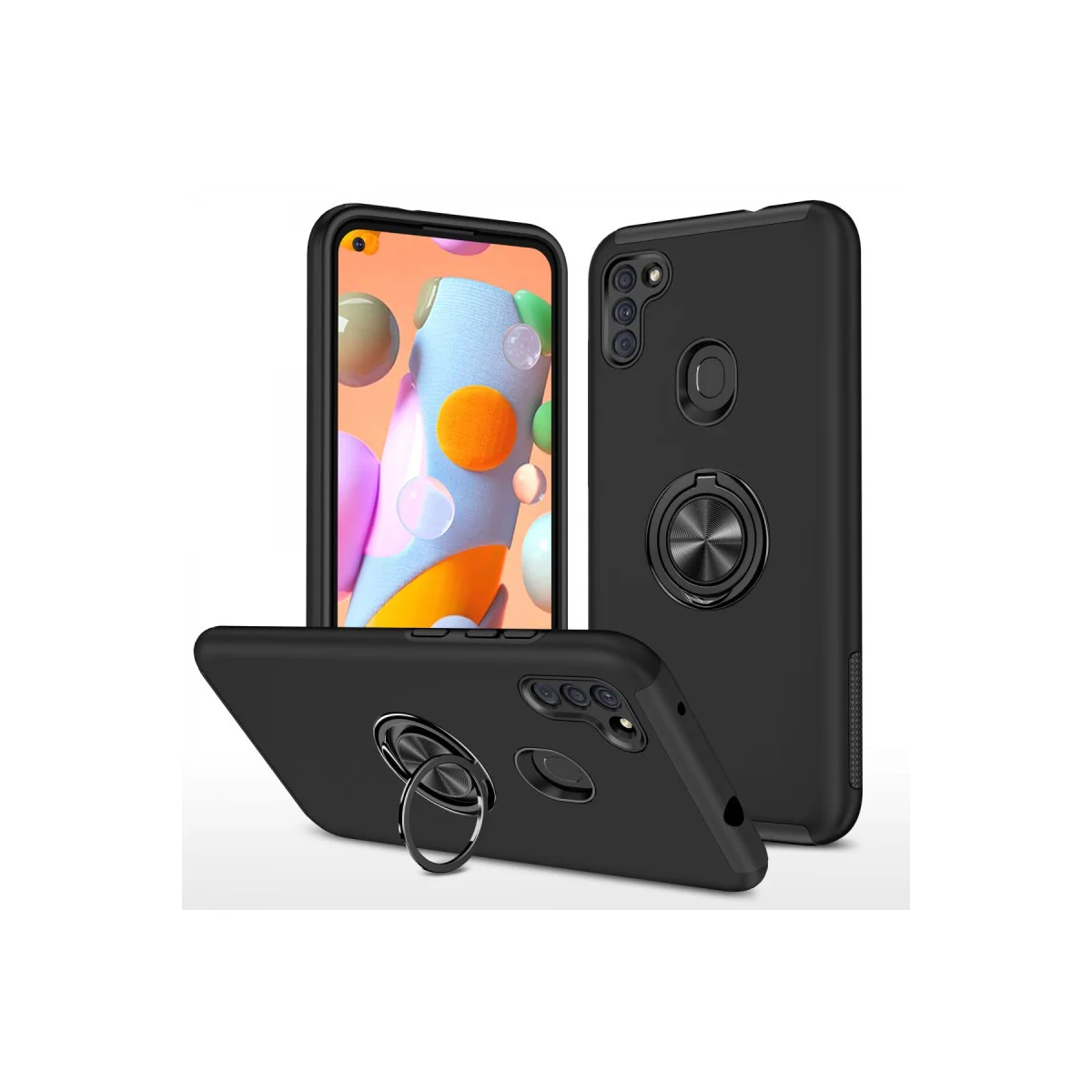 Galaxy A11 Kılıf Elit Yüzüklü Kapak - Siyah