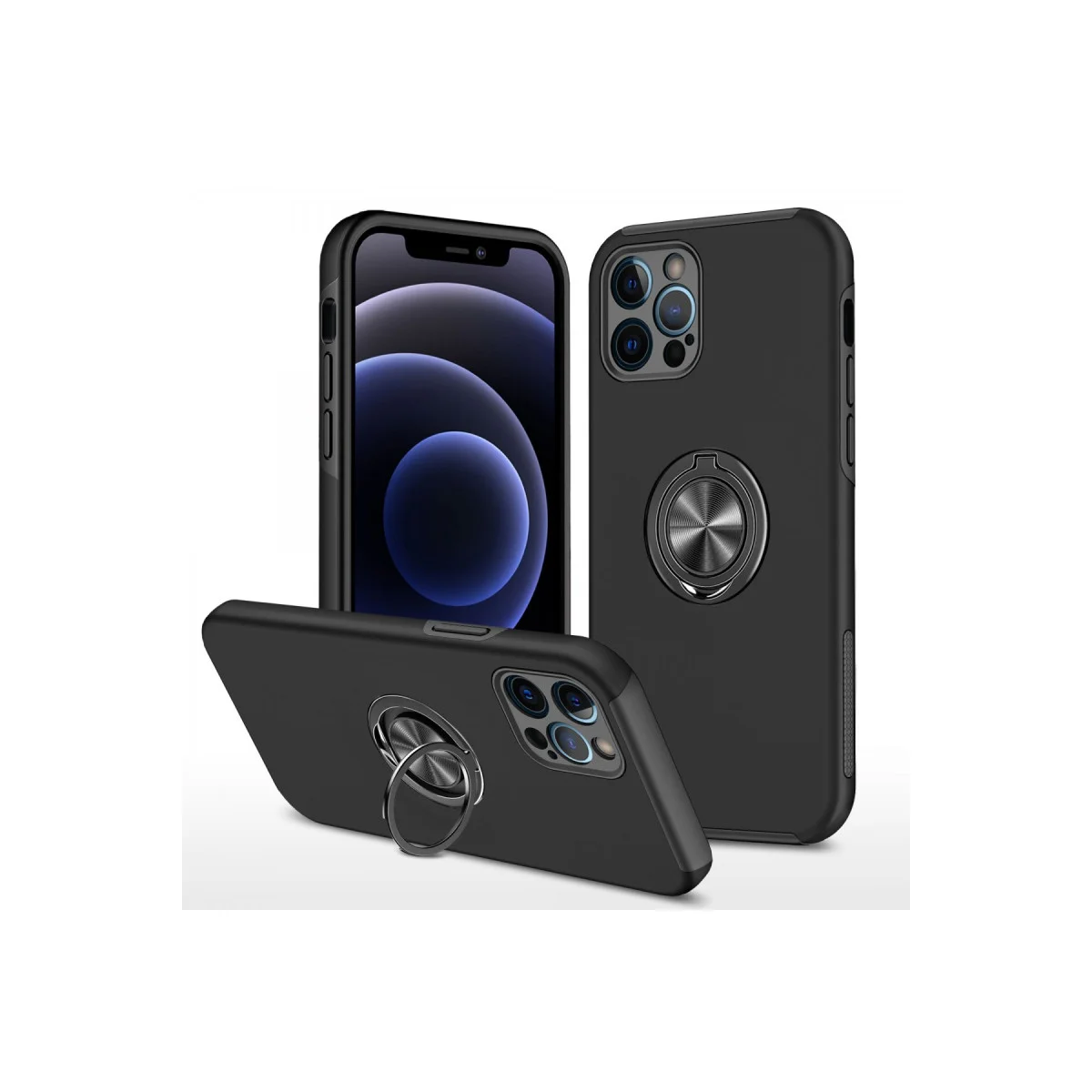 iPhone 12 Pro Kılıf Elit Yüzüklü Kapak - Siyah