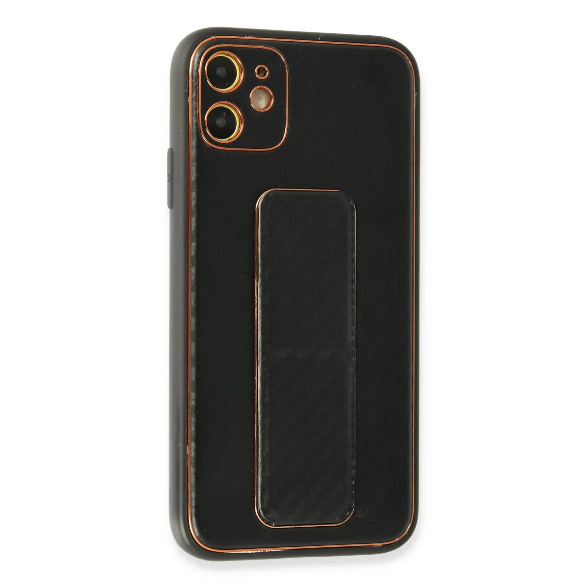 iPhone 12 Kılıf Coco Karbon Standlı Kapak - Siyah