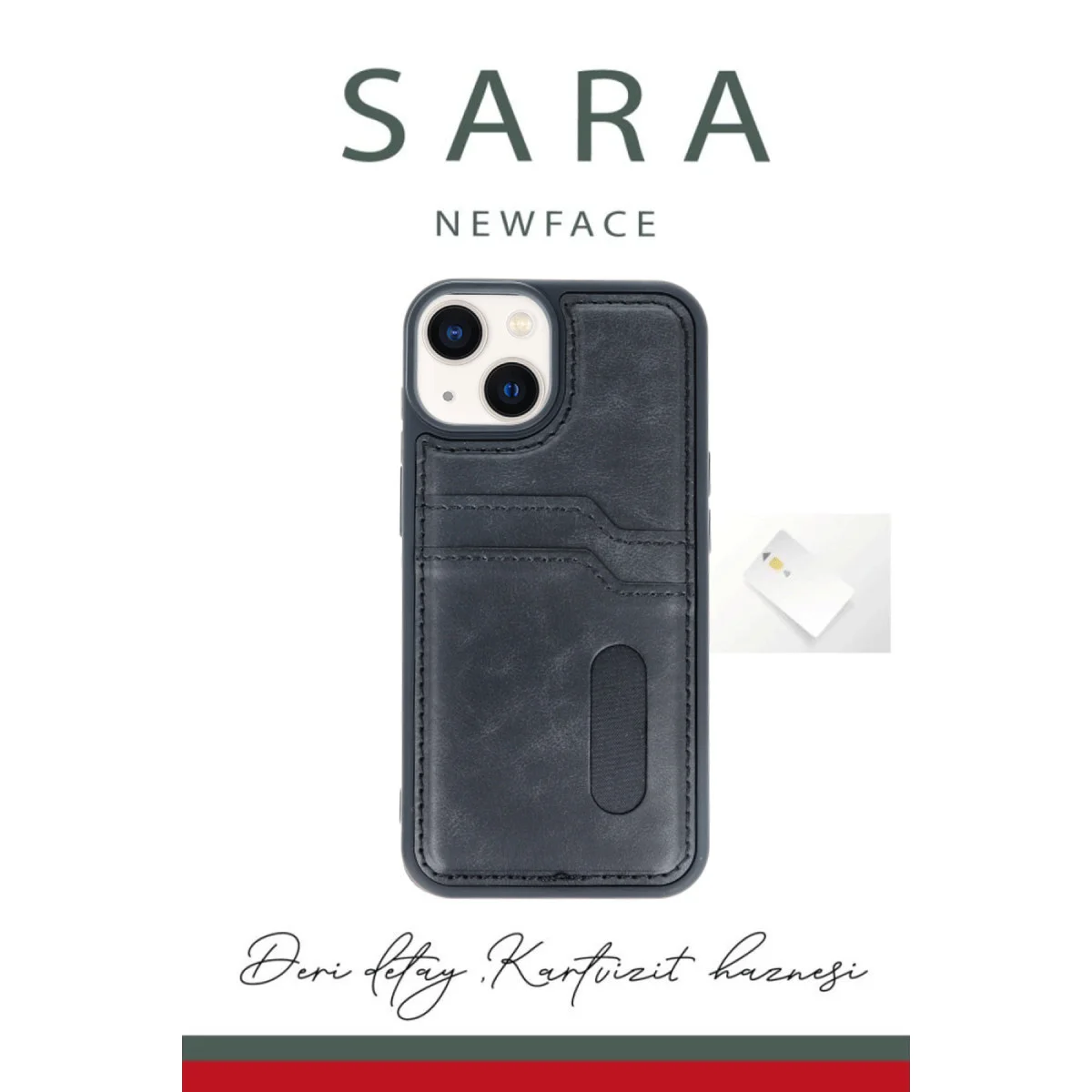 iPhone 14 Kılıf Sara Kartvizitli Deri Kılıf - Siyah