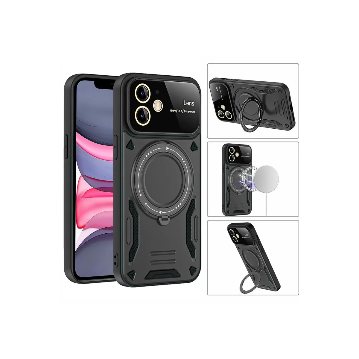 iPhone 11 Kılıf Joy Lens Standlı Kapak - Koyu Yeşil