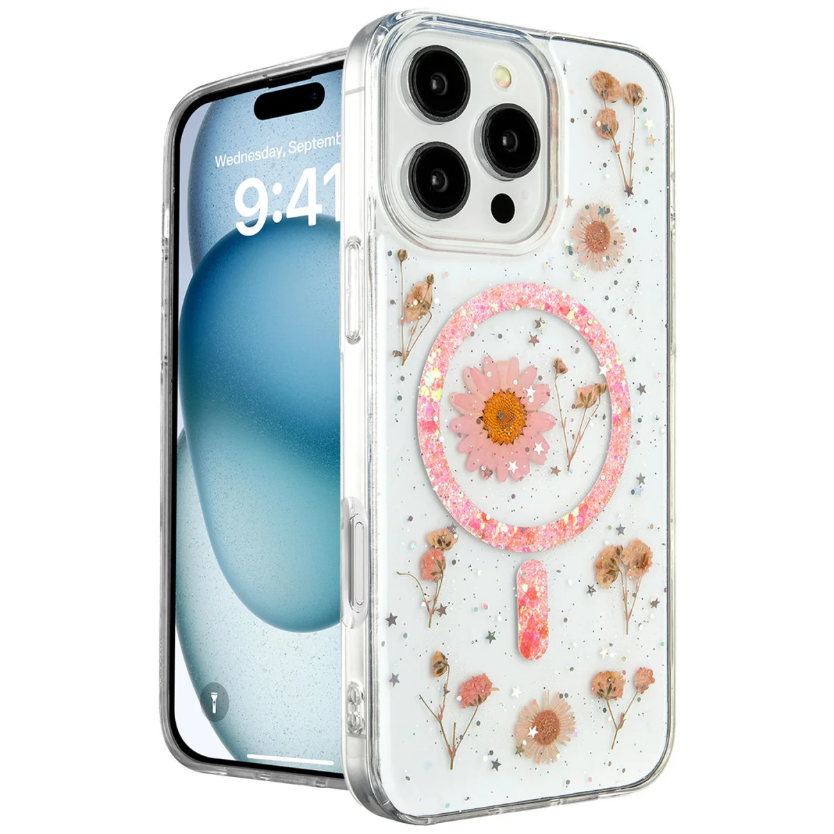 iPhone 16 Pro Max Kılıf Daisy Simli Magsafe Kapak - Pembe