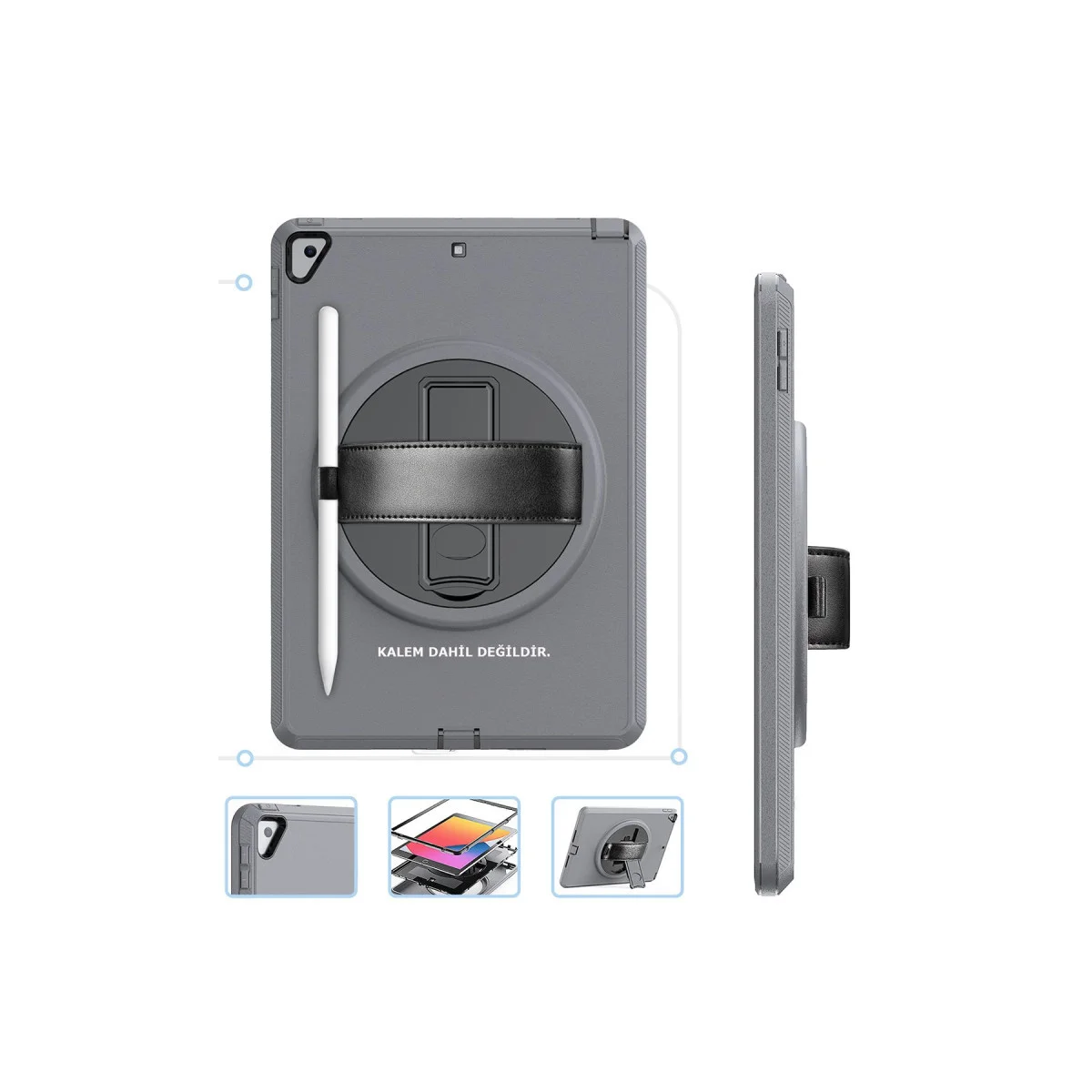 iPad 10.2 (7.nesil) Kılıf Hand Strap Tablet Kılıfı - Gri