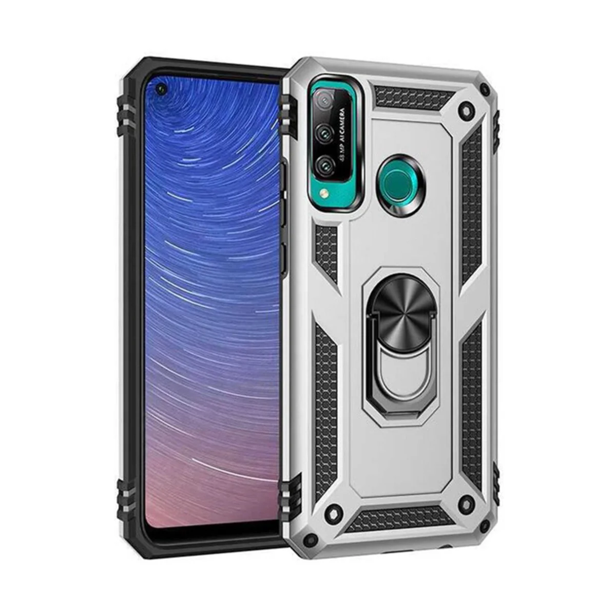 P40 Lite E Kılıf Sofya Yüzüklü Silikon Kapak - Gümüş