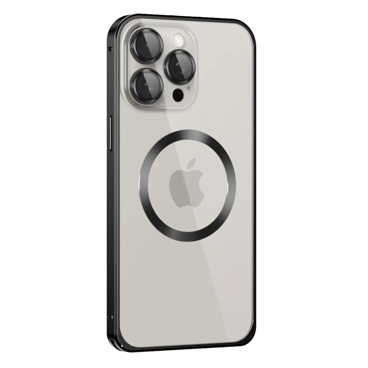 iPhone 15 Pro Max Kılıf Metal Bumper Magneticsafe Kapak - Siyah