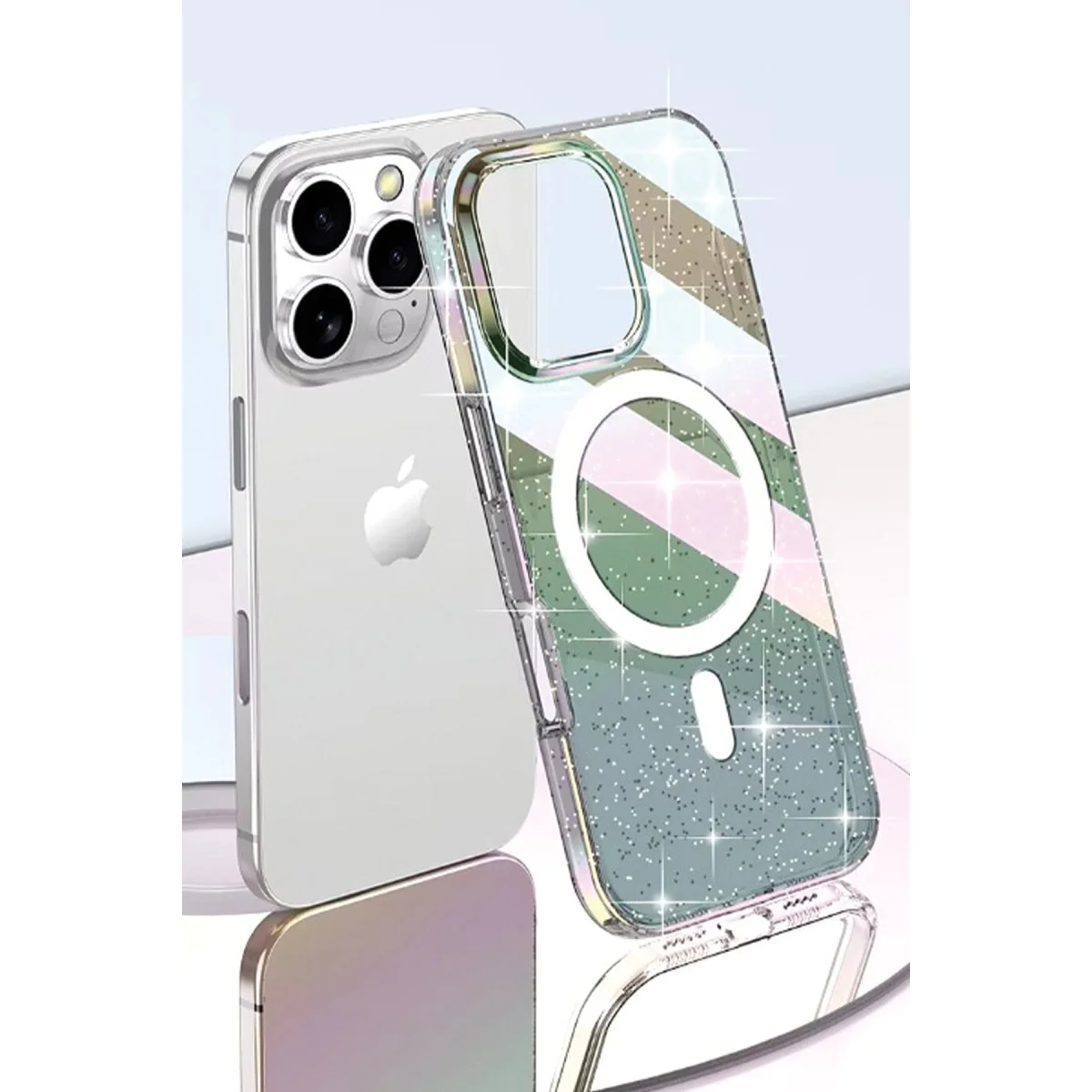 iPhone 14 Pro Max Rasasi Simli Magsafe Kapak - Şeffaf