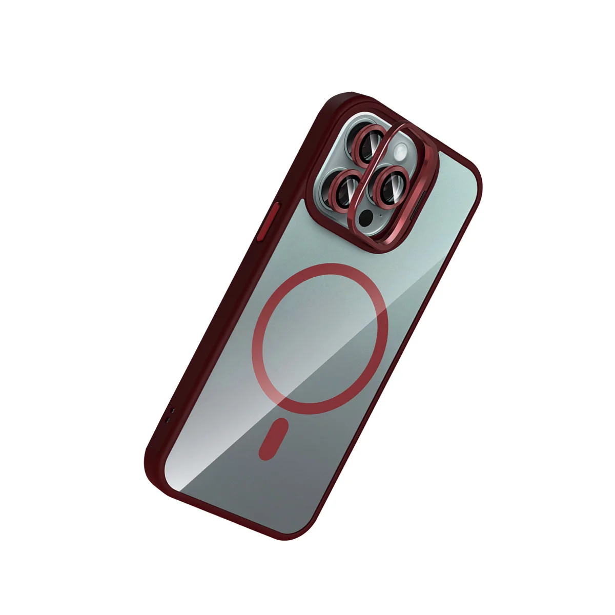iPhone 15 Pro Max Remim Lensli Magsafe Standlı Kapak - Bordo