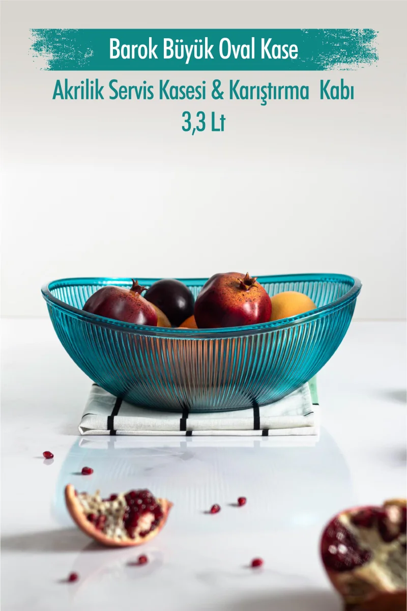 Akrilik Barok Aquamarin Büyük Oval Meyve & Salata Kasesi & Karıştırma Kabı / 3,3 Lt (CAM DEĞİLDİR)
