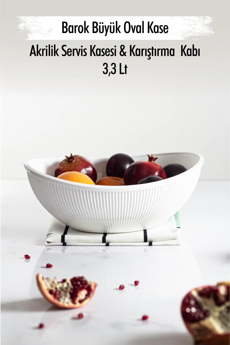 Akrilik Barok Beyaz Büyük Oval Meyve & Salata Kasesi & Karıştırma Kabı / 3,3 Lt (CAM DEĞİLDİR)