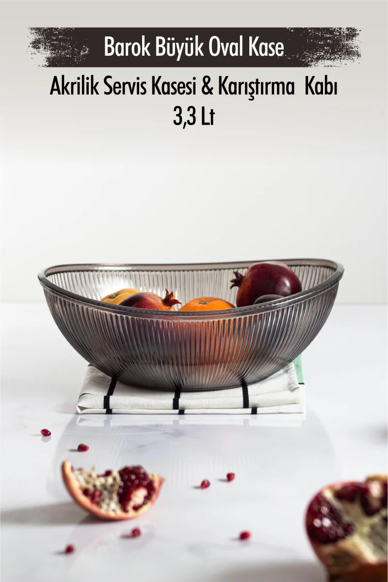 Akrilik Barok Füme Büyük Oval Meyve & Salata Kasesi & Karıştırma Kabı / 3,3 Lt (CAM DEĞİLDİR)