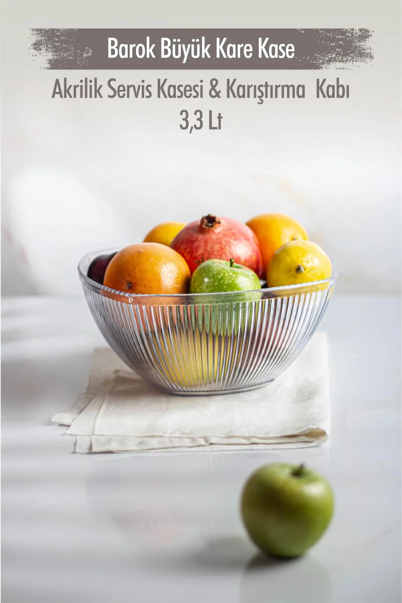 Akrilik Barok Şeffaf Büyük Kare Meyve & Salata Kasesi & Karıştırma Kabı / 3,3 Lt (CAM DEĞİLDİR)