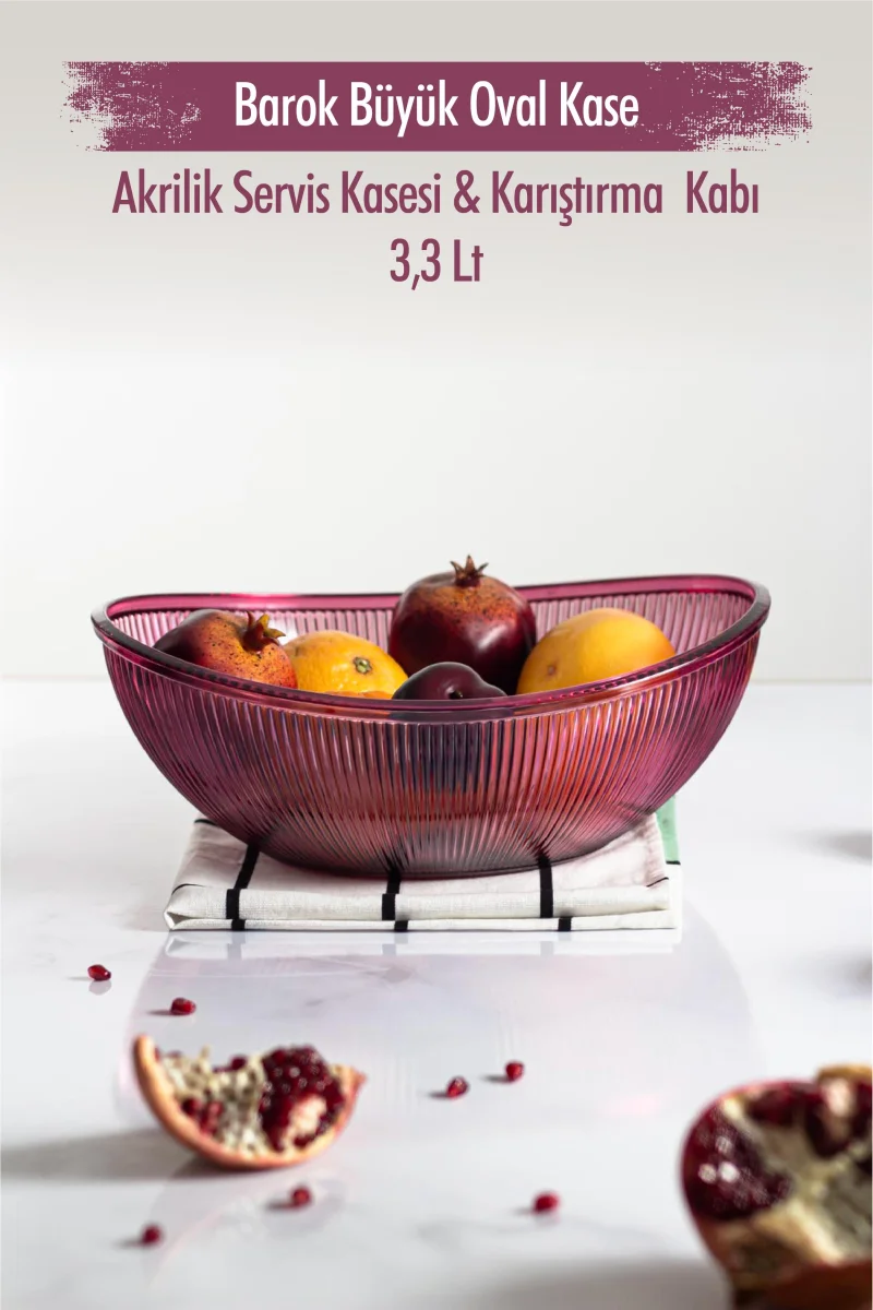 Akrilik Barok Mürdüm Büyük Oval Meyve & Salata Kasesi & Karıştırma Kabı / 3,3 Lt (CAM DEĞİLDİR)