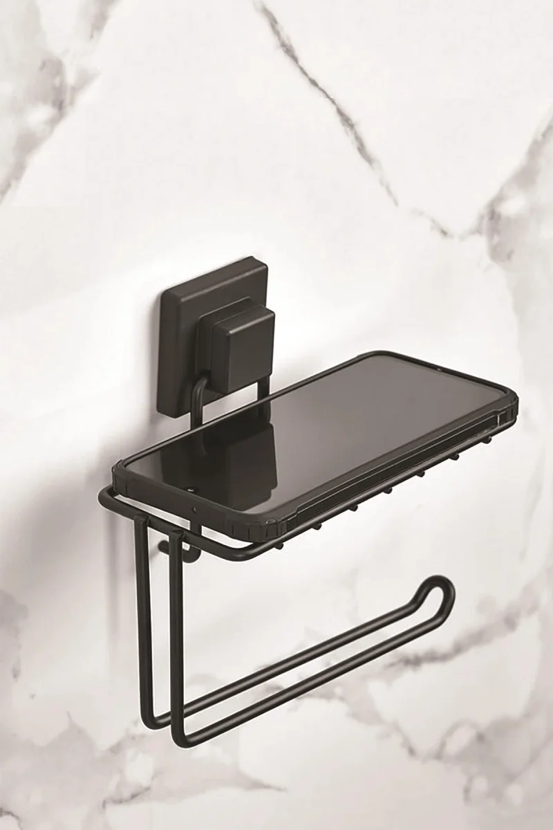 Kare Başlıklı Telefon Standlı Yapışkanlı Siyah WC Kağıtlık