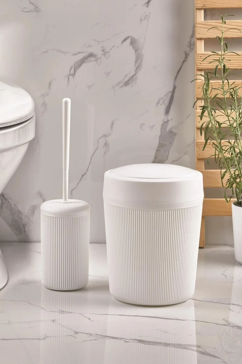 Yuvarlak Kovalı ve Fırçalıklı 2'li Beyaz Banyo Seti