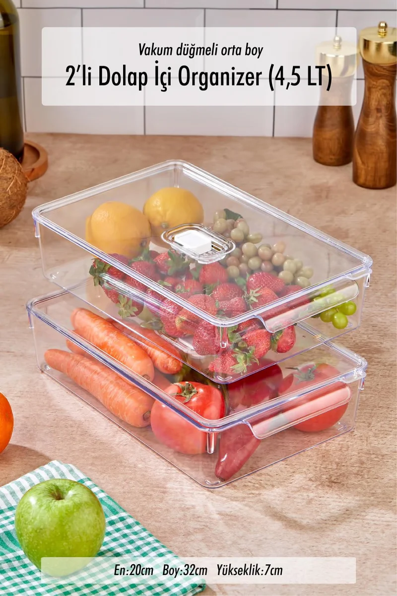 2'li Orta Boy Vakum Düğmeli Kapaklı Dolap İçi Organizeri & Kırılmaz Düzenleyici Kutu (4,5Lt)