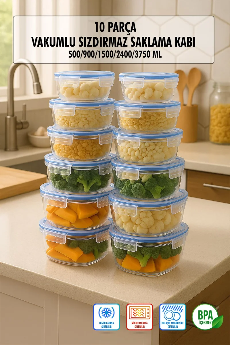 Kare 10 Parça Contalı Vakumlu Sızdırmaz Hava Almaz Saklama Kabı Seti 2x(3750/2400/1500/900/500 ml)