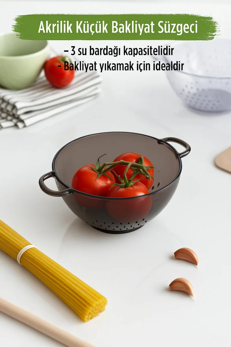 Akrilik Füme Mini Pirinç Süzgeçi & Bakliyat Süzgeçi (3 SU BARDAĞI ÖLÇÜLÜ)