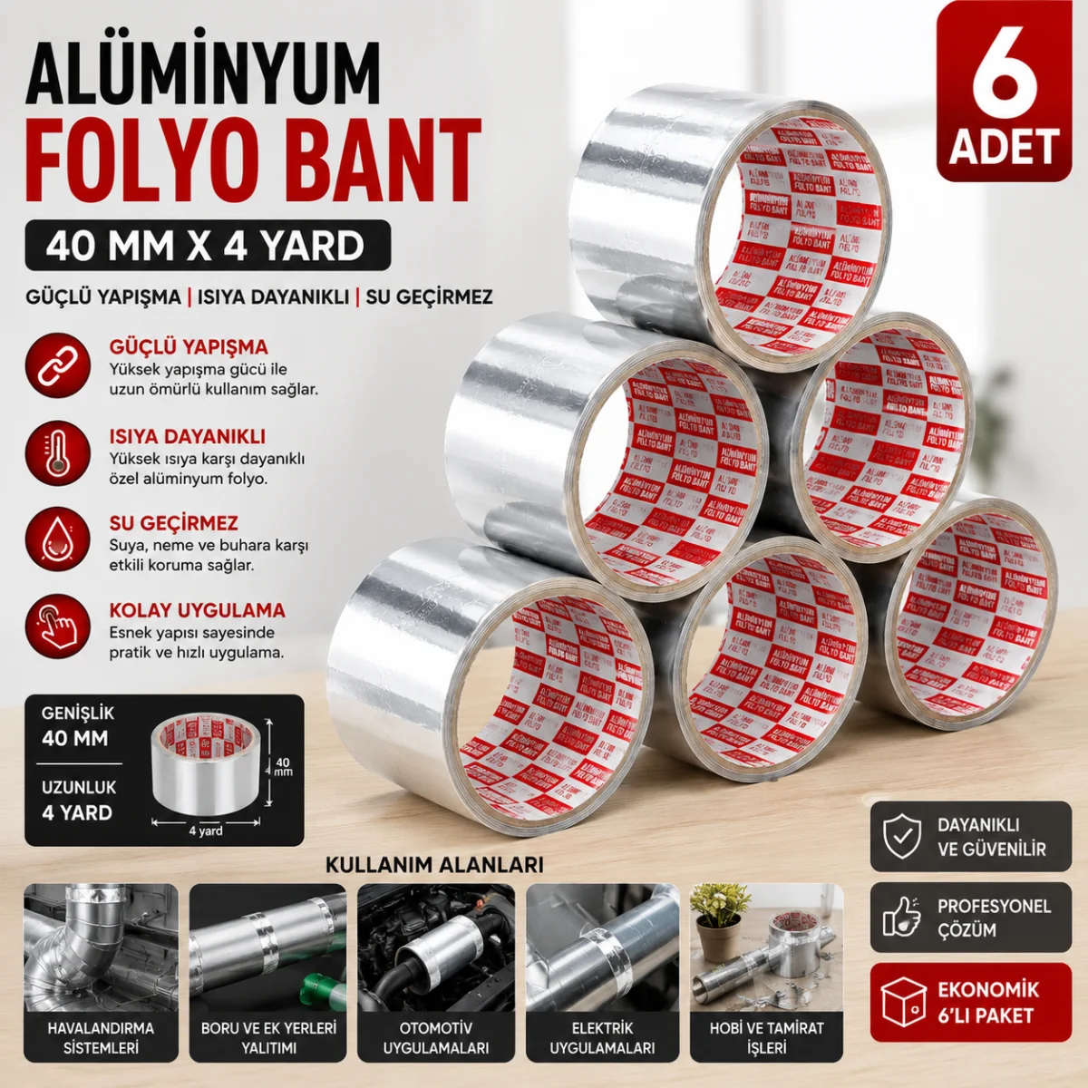 Alüminyum Folyo Bant 40 MM x 4 Yard 6’lı Paket Isıya Dayanıklı Güçlü Yapışkanlı İzolasyon Bandı
