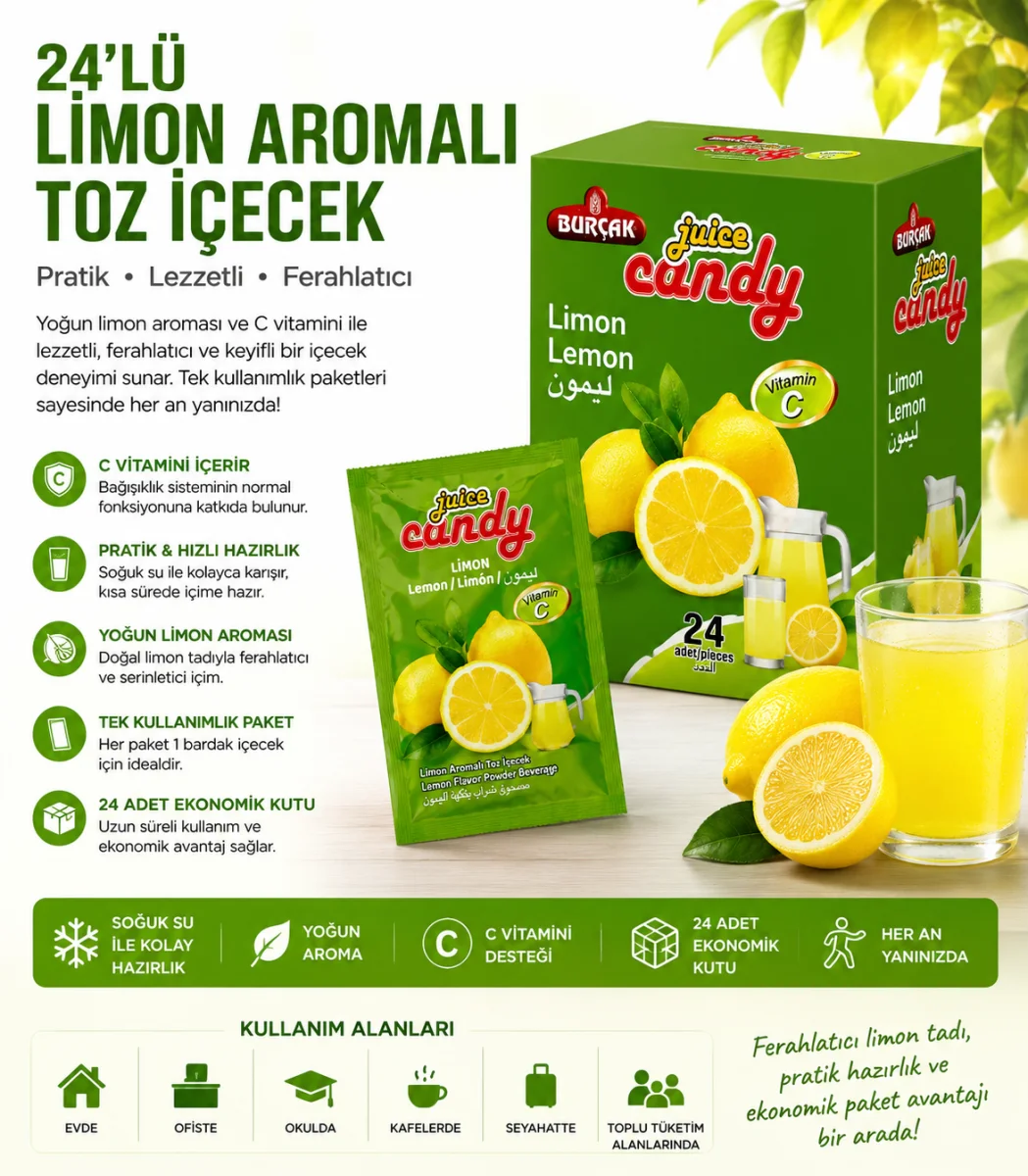 24’lü Limon Aromalı Toz İçecek 24’lü Kutu C Vitaminli Pratik Soğuk İçecek Tozu