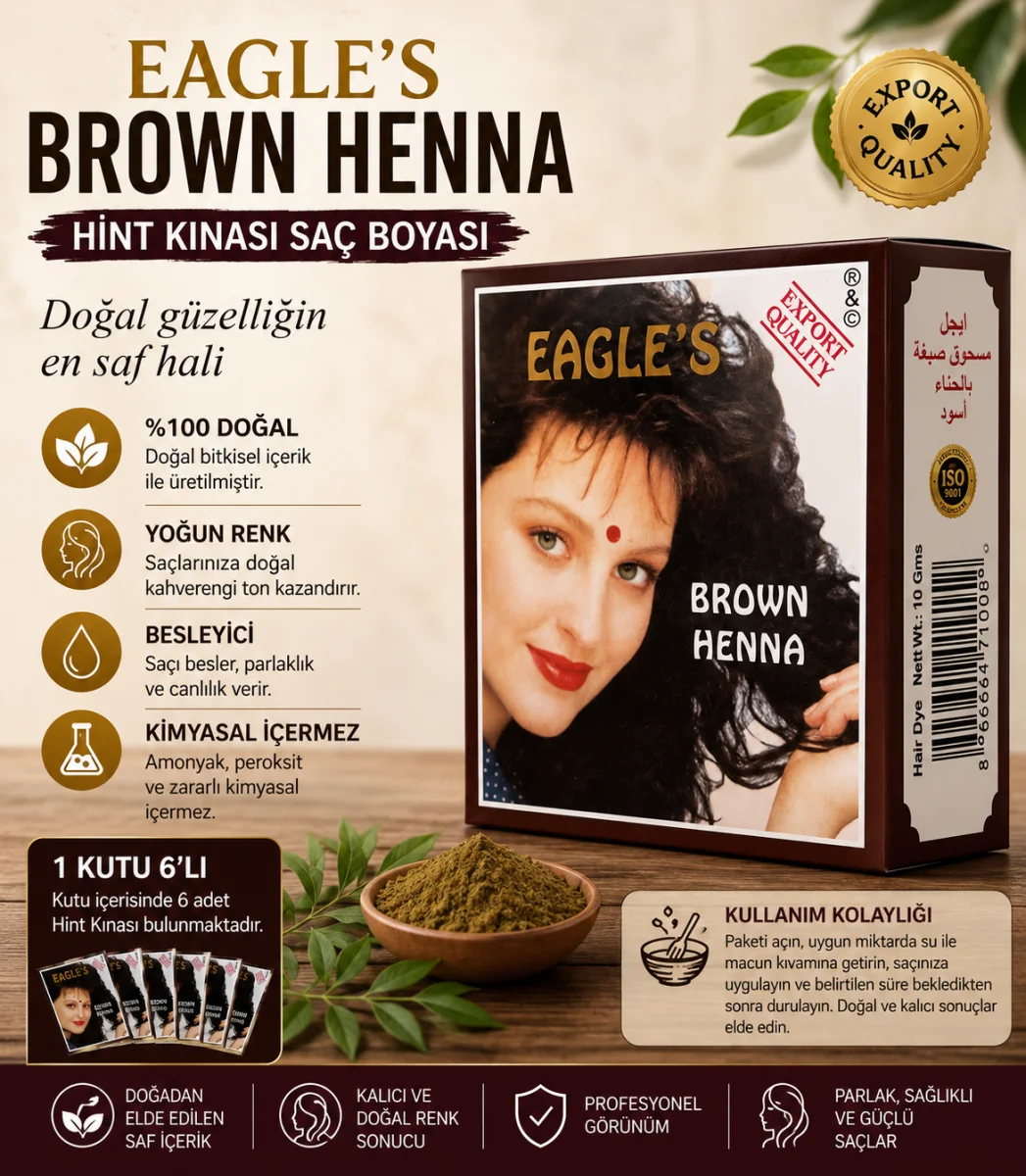 Brown Henna Hint Kınası Saç Boyası Kahverengi 6’lı Kutu Doğal Görünümlü Saç Boyası