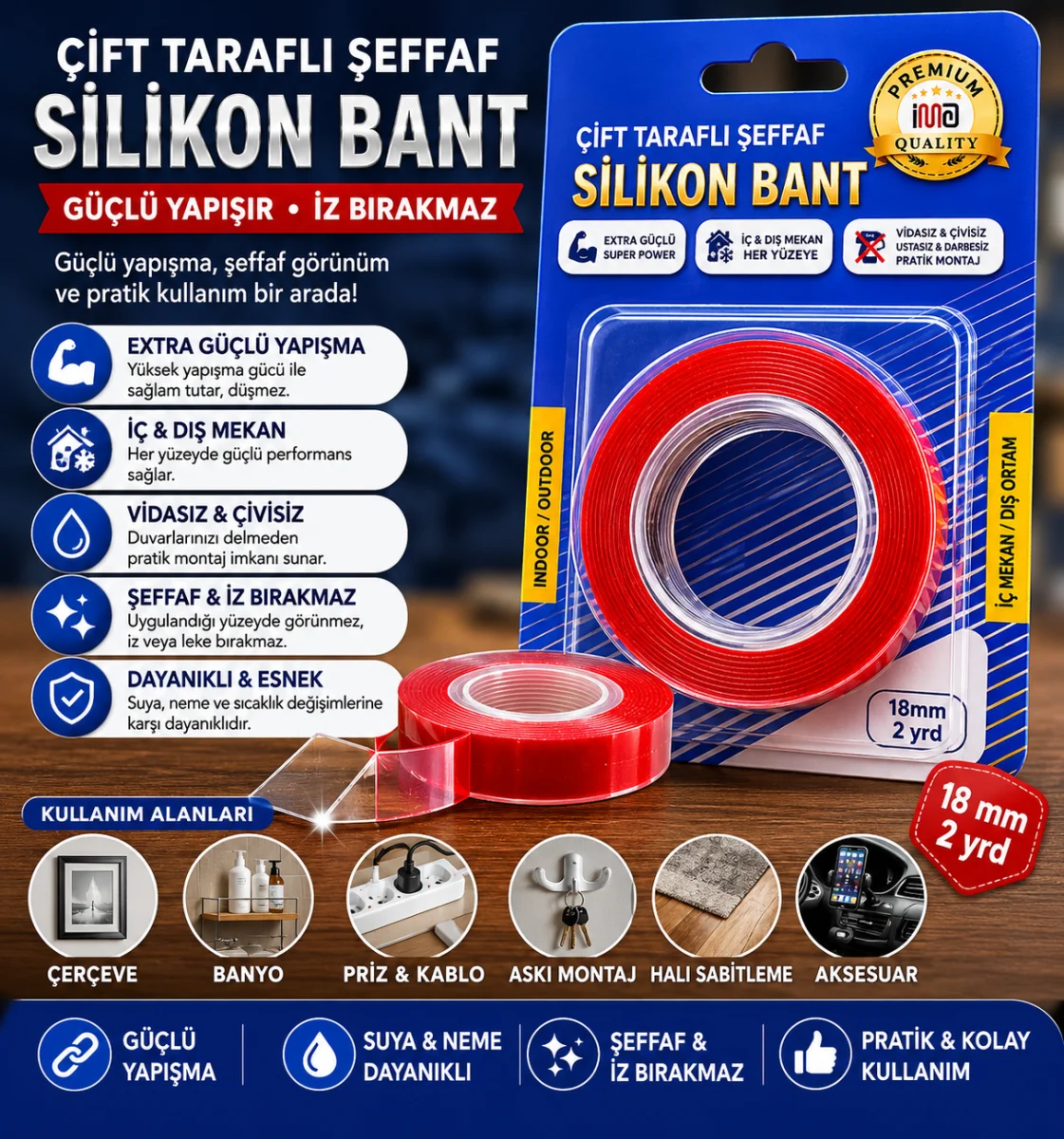 Çift Taraflı Şeffaf Silikon Bant 18 mm 2 Yard Güçlü Yapışkanlı Nano Bant İz Bırakmaz