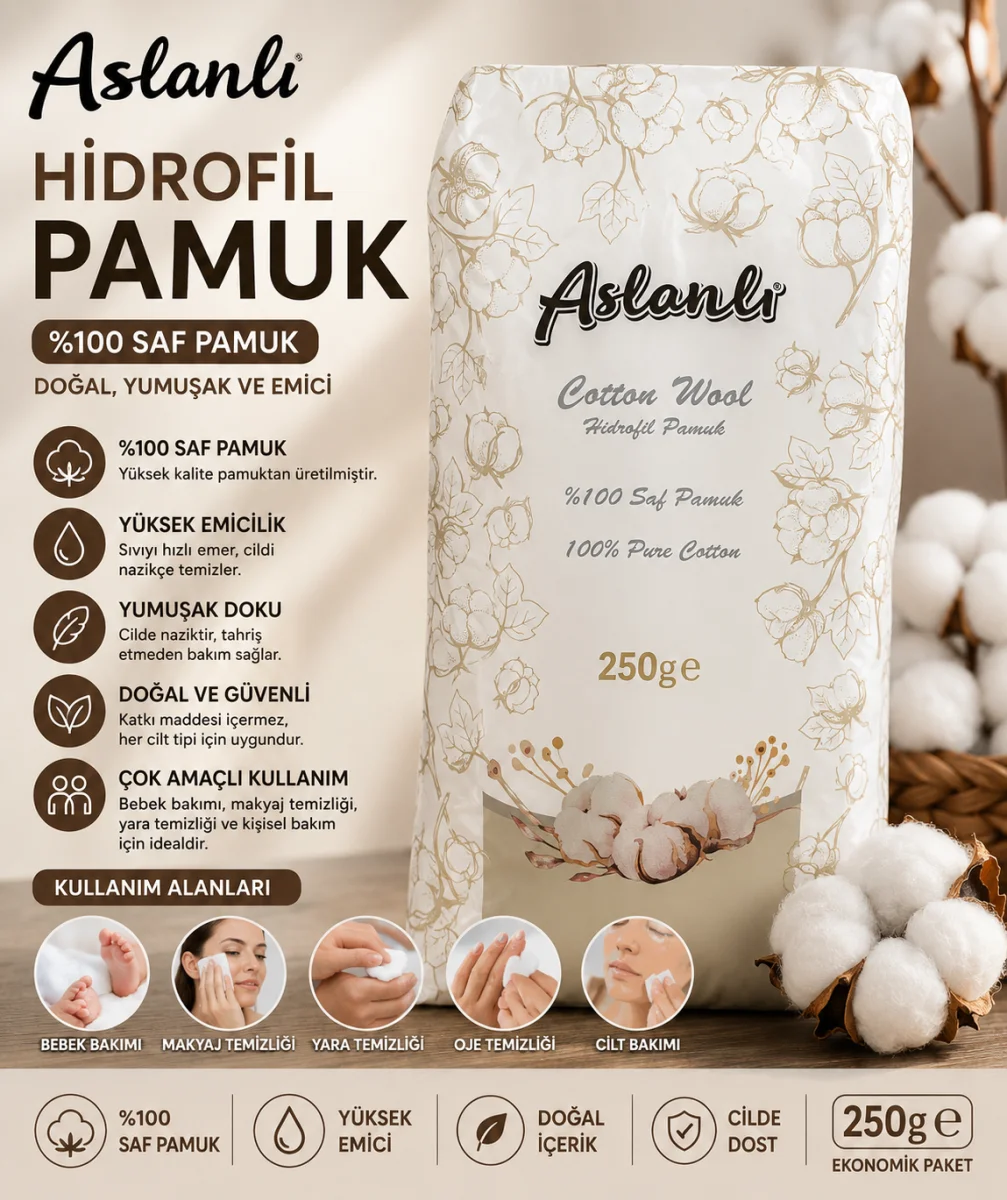 Aslanlı Hidrofil Pamuk 250 Gr %100 Saf Pamuk Yüksek Emici Yumuşak Dokulu Pamuk