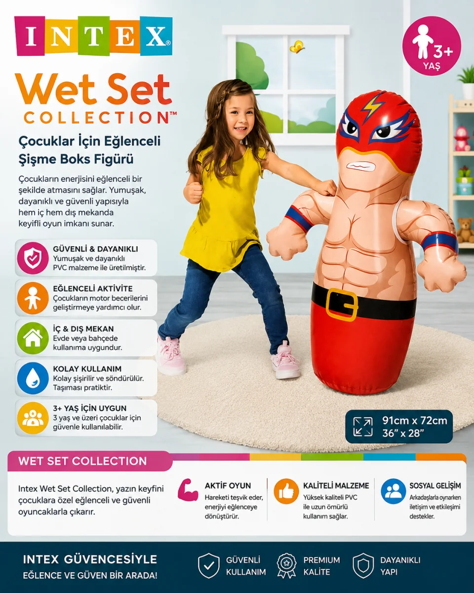 İntex Wet Set 44672NP Şişme Boks Torbası Çocuk Oyuncağı 91x72 Cm Şişme Vurmalı Oyuncak 3 Yaş Üzeri