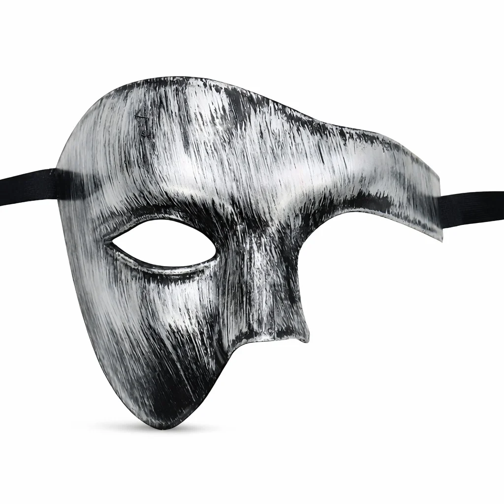Antik Eskitme Gümüş Erkek Yarım Maske - Phantom & Balo Maskesi