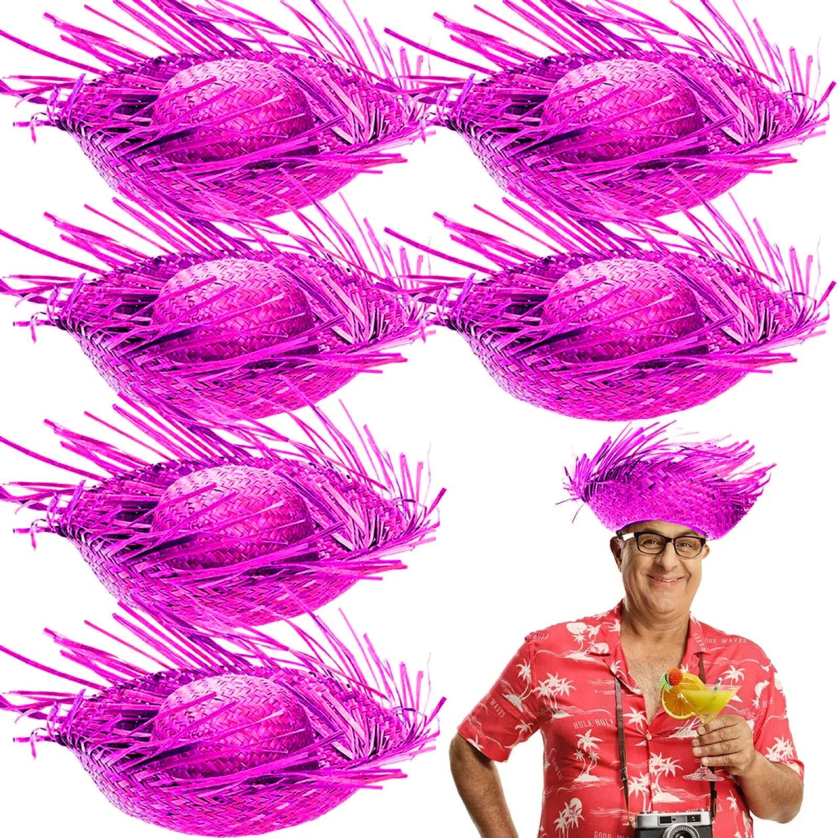 Tropikal Parti Pembe Fuşya Hasır Hawaii Şapkası 13x36 cm