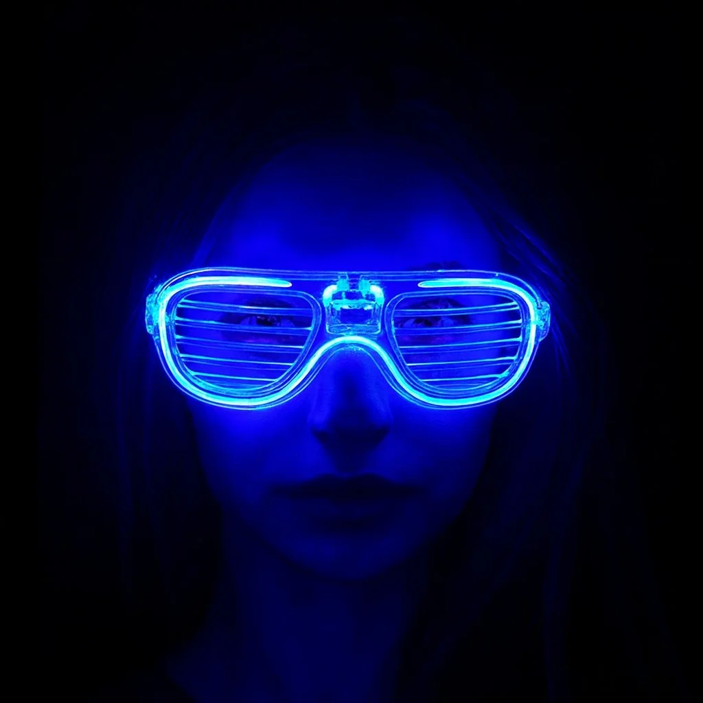 Mavi Led Işıklı Parti Gözlüğü - Neon Glow Şerit Gözlük 3 Modlu