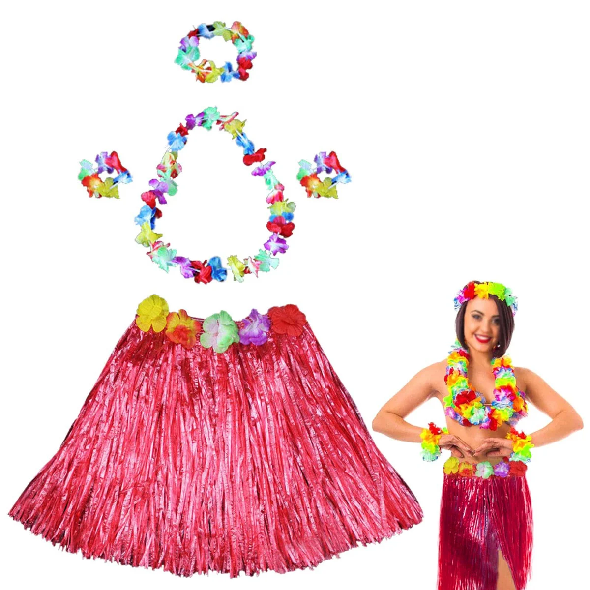 Hawaii Dans Kostümü – Kırmızı Hula Etek & Çiçek Kolye Seti