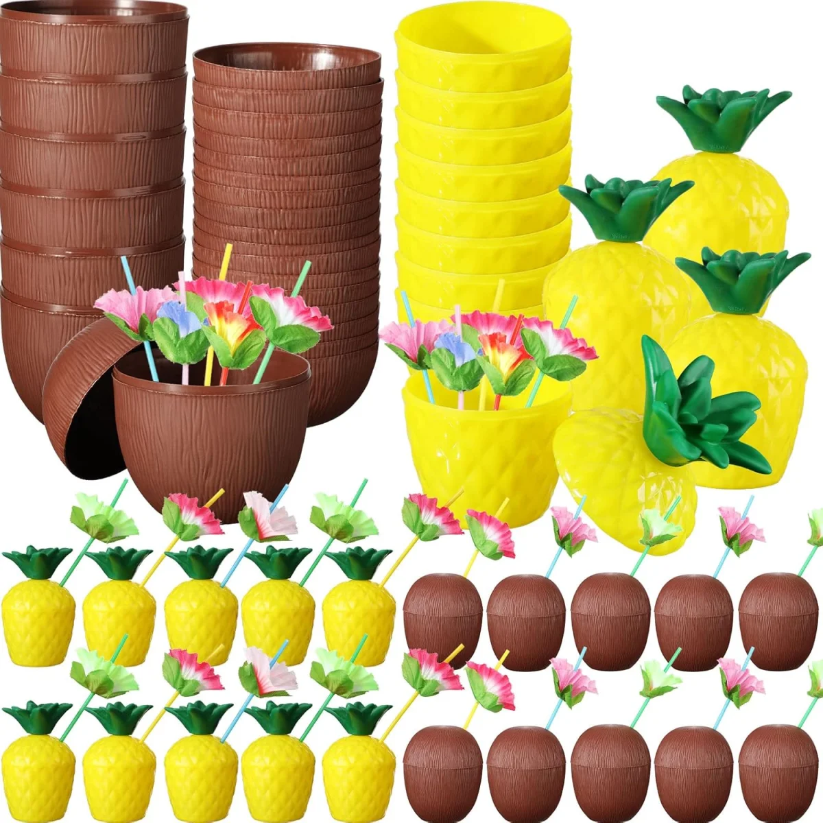 Tropikal Parti Bardak Seti – Ananas ve Hindistan Cevizi Şekilli Pipetli Bardaklar (20 Adet)