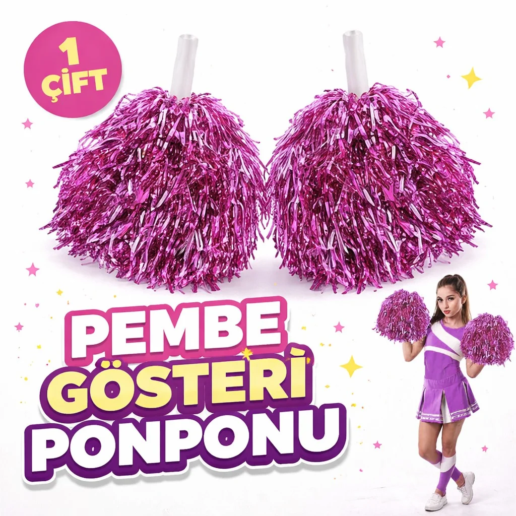 1 Çift ( 2 Adet ) Pembe Renk 23 Nisan 19 Mayıs 29 Ekim Okul Gösteri Ponponları Ekstra Dolgun
