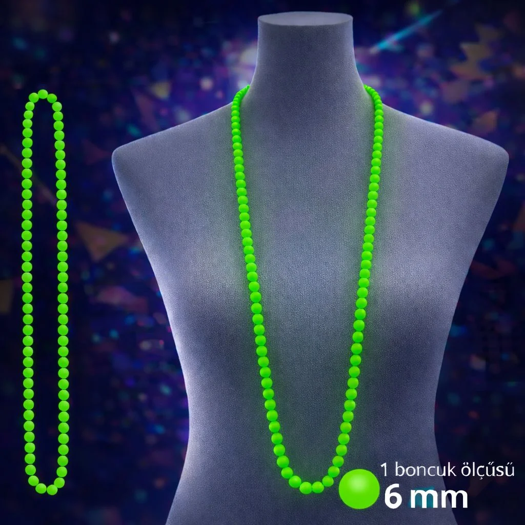 Neon Yeşil Boncuk Kolye 80 cm – Retro 80’ler 90’lar Parti Aksesuarı