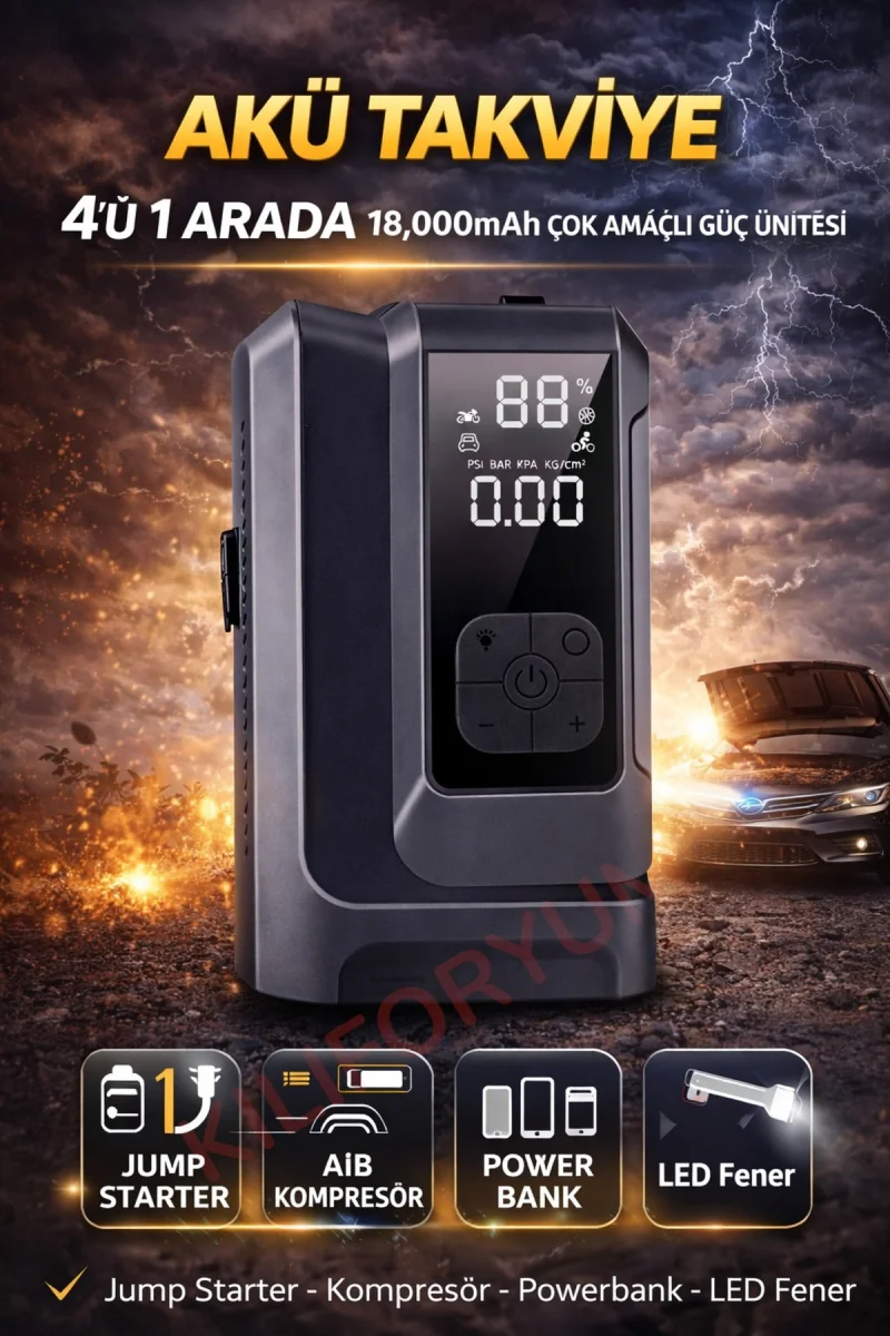 Akü Takviye + Hava Kompresörü (4'ü 1 Arada) 16000mAh