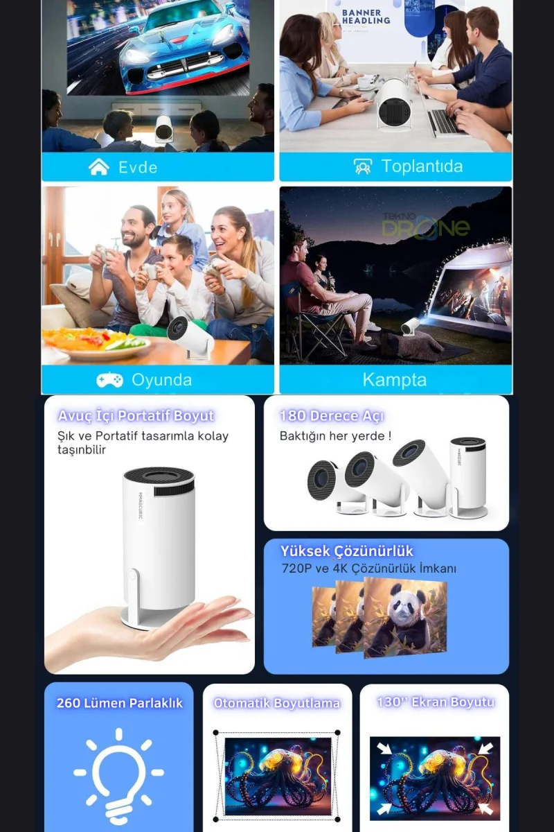 HY300 Mini Projeksiyon 4K Destekli - Android WiFi Bluetooth