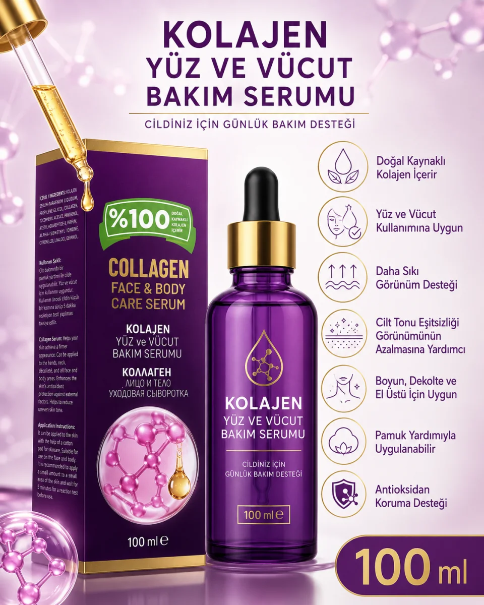 Kolajen Yüz ve Vücut Bakım Serumu 100 ml Cilt Bakım Serumu Doğal Kaynaklı Kolajen İçerikli