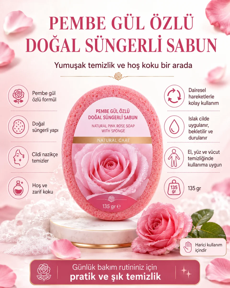 Pembe Gül Özlü Doğal Süngerli Sabun 135 gr El Yüz ve Vücut Temizliği İçin