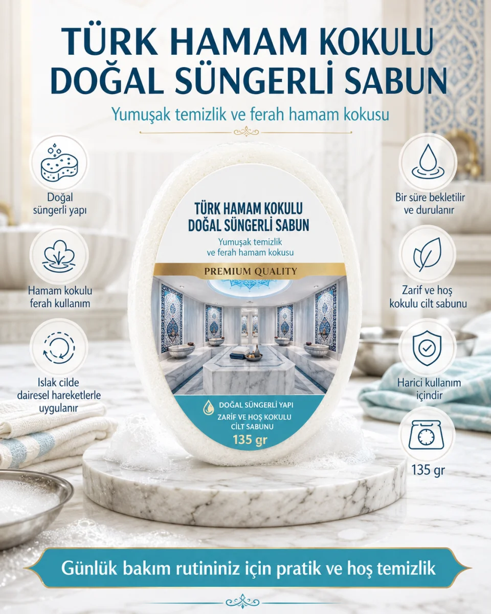 Türk Hamam Kokulu Doğal Süngerli Sabun 135 gr El Yüz ve Vücut Temizliği İçin Hoş Kokulu Sabun