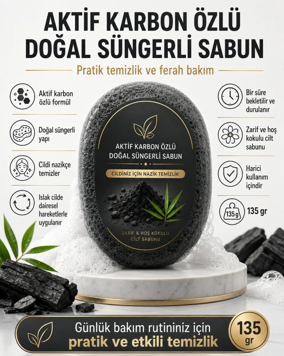 Aktif Karbon Özlü Doğal Süngerli Sabun 135 gr El Yüz ve Vücut Temizliği İçin