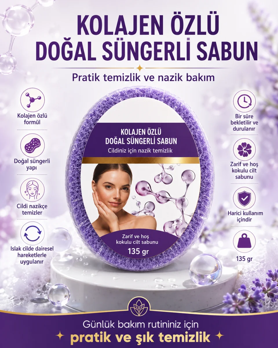 Kolajen Özlü Doğal Süngerli Sabun 135 gr El Yüz ve Vücut Temizliği İçin Pratik Bakım Sabunu