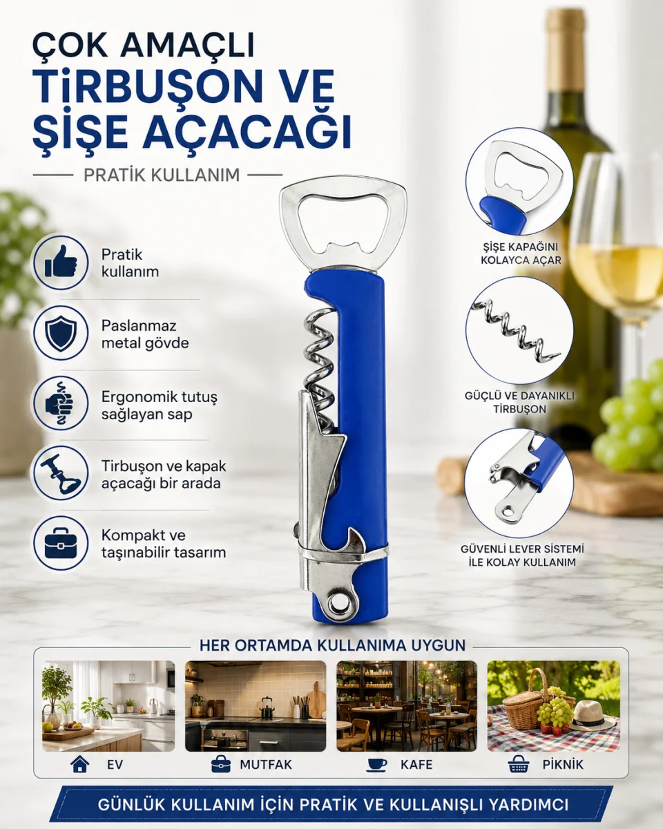 Çok Amaçlı Tirbuşon ve Şişe Açacağı Paslanmaz Metal Gövdeli Ergonomik Saplı Kapak Açacak