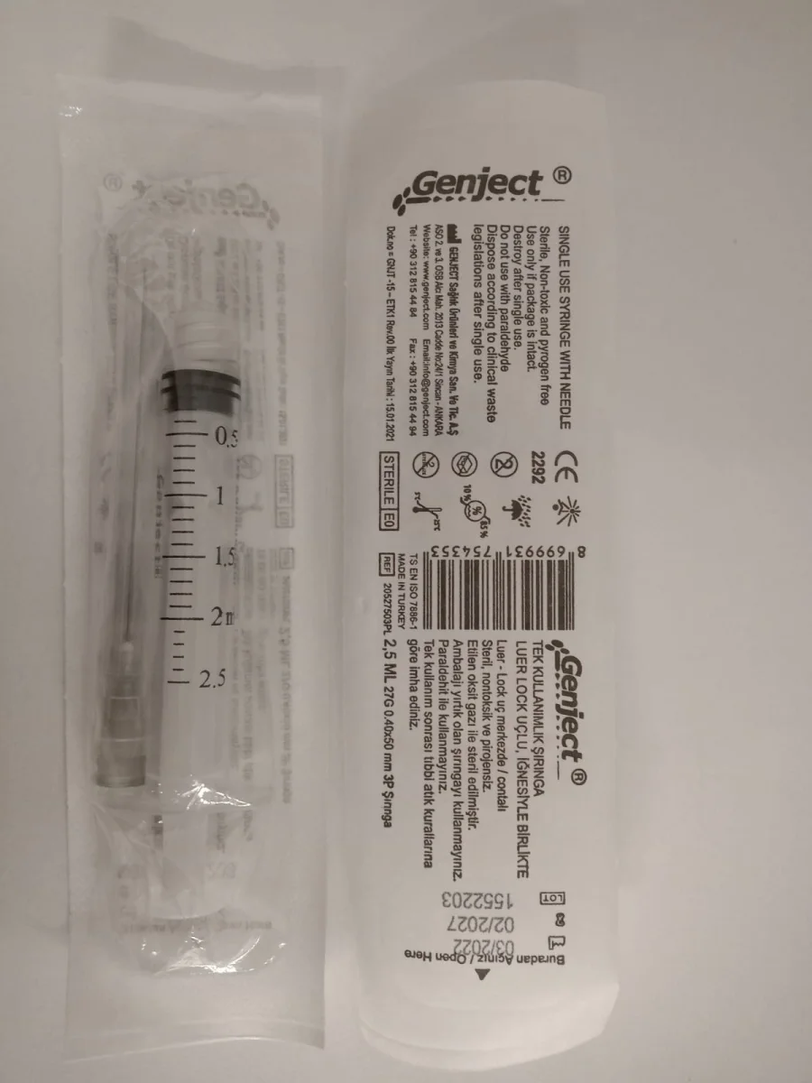 Dental Luer Lock Enjektör 2,5 ML- 27G /50 mm 3P Şırınga