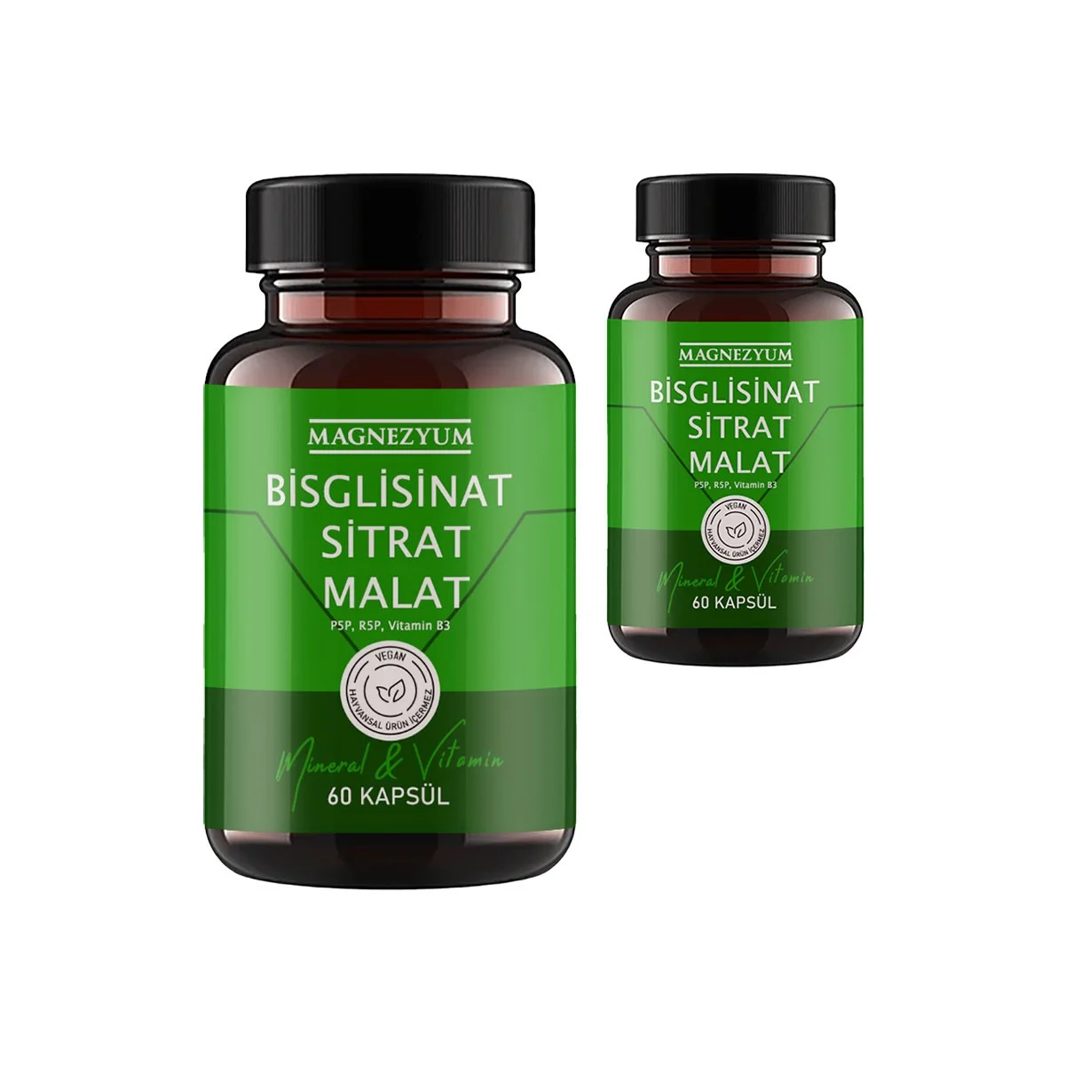 Magnezyum 2 Kutu Bisglisinat magnezyum sitrat malat & vitamin b2 B3 B6  ve mineral kapsülleri 60lı