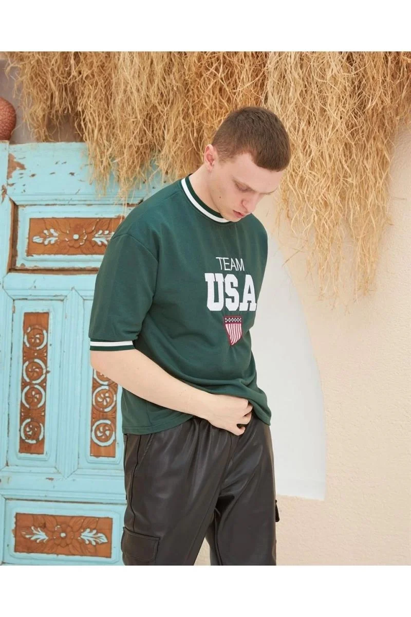 Erkek Bisiklet Yaka Tişört Nakış İşlemeli Kısa Kol Oversize T-Shirt - Yeşil