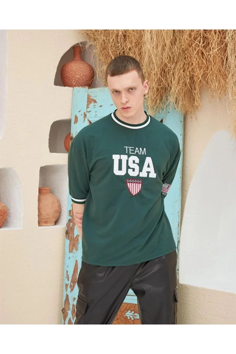 Erkek Bisiklet Yaka Tişört Nakış İşlemeli Kısa Kol Oversize T-Shirt - Yeşil